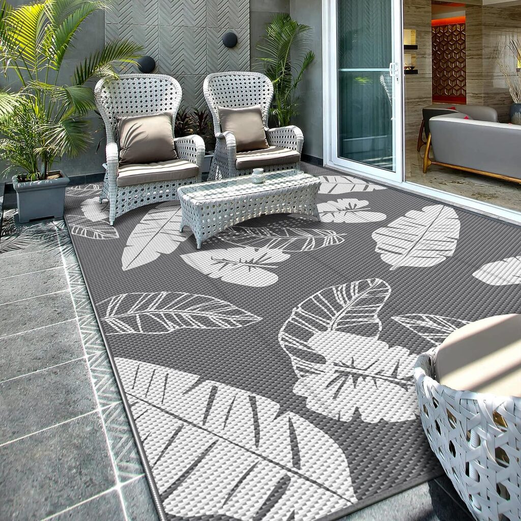 GENIMO Outdoor Rug for Patios Clearance, 6'x9' Reversible Tropical Outdoor Decor Area Rugs, Plastic Straw Waterproof Carpet, Camping Mat, Rv, Porch, Deck, Camper, Balcony, White & Grey